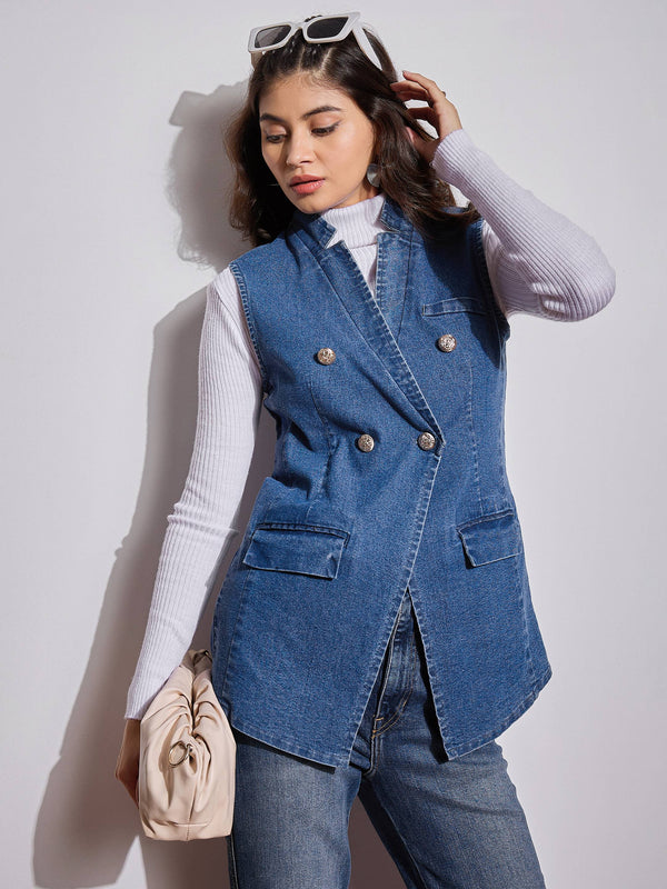 Women Blue Denim Flap Pocket Sleeveless Jacket | WOMENSFASHIONFUN