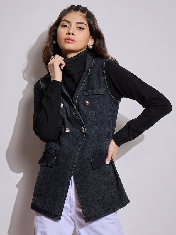 Women Black Denim Flap Pocket Sleeveless Jacket | WOMENSFASHIONFUN