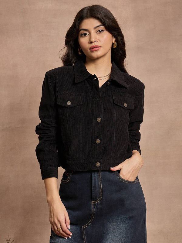 Women Black Corduroy Full Sleeve Jacket | WOMENSFASHIONFUN