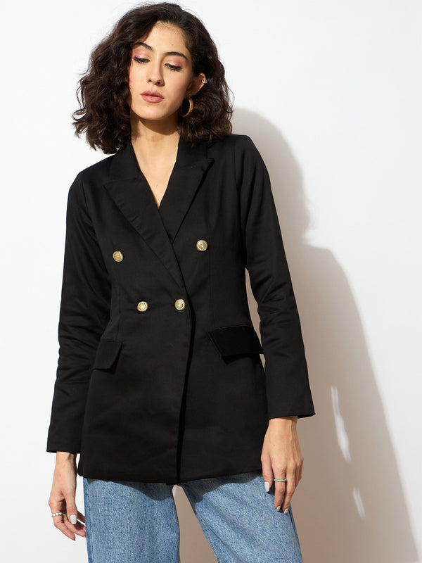 Women Black Full Sleeves Double Breasted Blazer | WOMENSFASHIONFUN