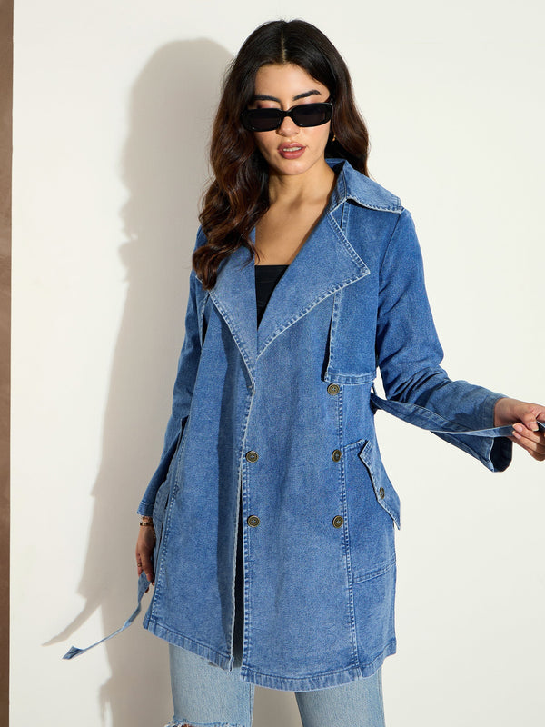 Women Blue Washed Denim Trench Coat | WOMENSFASHIONFUN