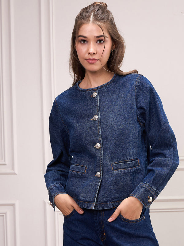 Women Blue Washed Denim Front Button Jacket | WOMENSFASHIONFUN