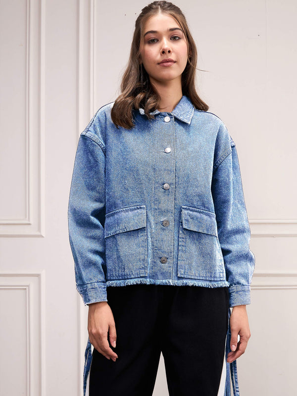 Women Blue Washed Denim Front Pocket Jacket | WOMENSFASHIONFUN