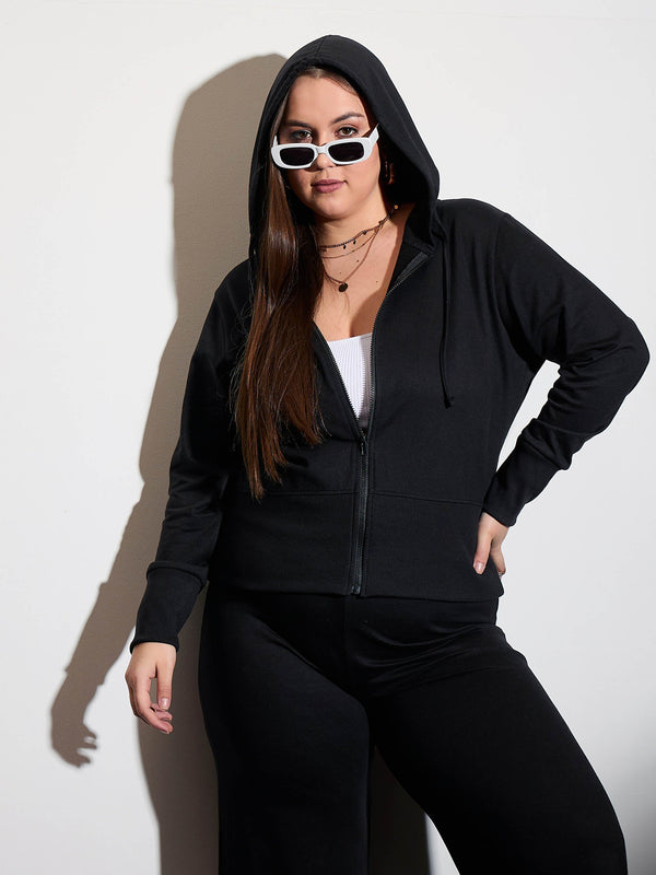 Women Black Terry Zipper Hoodie Jacket | WOMENSFASHIONFUN