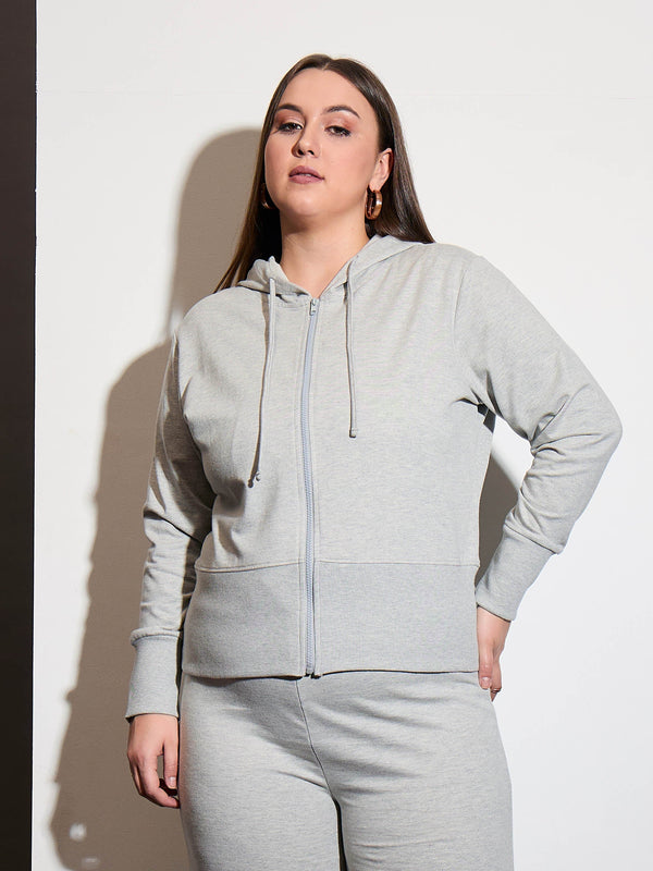 Women Grey Melange Terry Zipper Hoodie Jacket | WOMENSFASHIONFUN