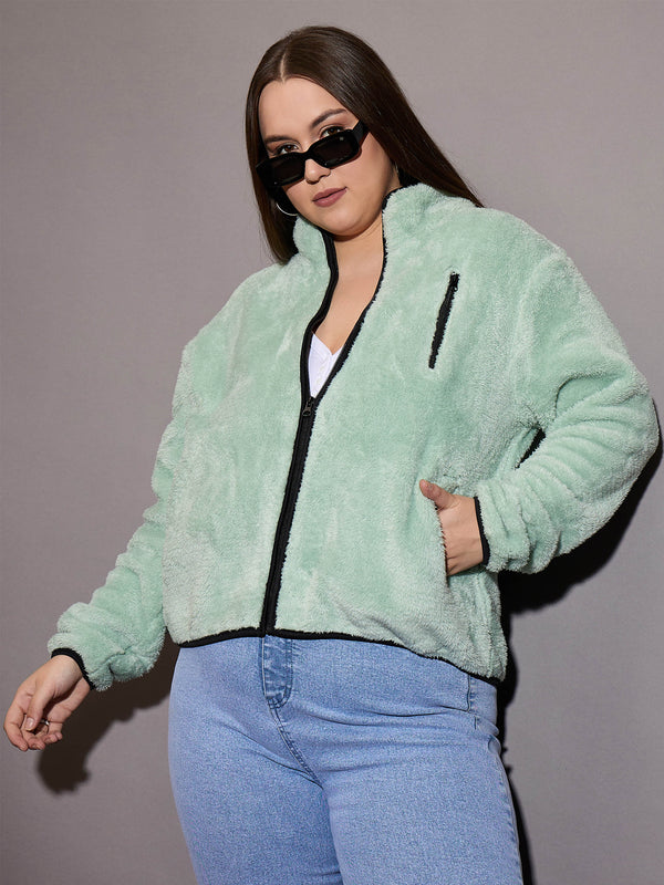 Women Green Faux Fur Contrast Piping Zipper Jacket | WOMENSFASHIONFUN