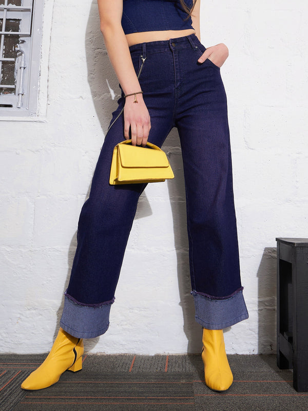 Women Navy Color Block Chain Detail Streetstyle Jeans | WomensFashionFun.com