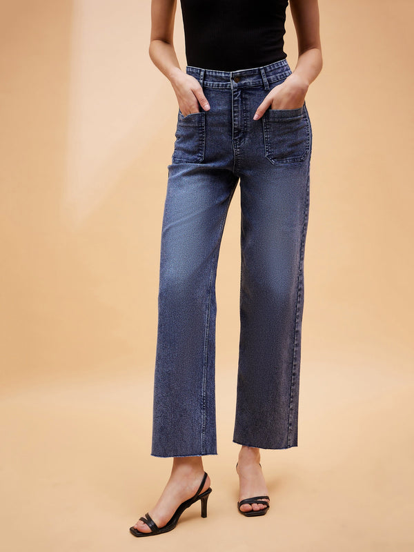 Women Blue Patched Pocket Mid Rise Jeans | WomensFashionFun.com