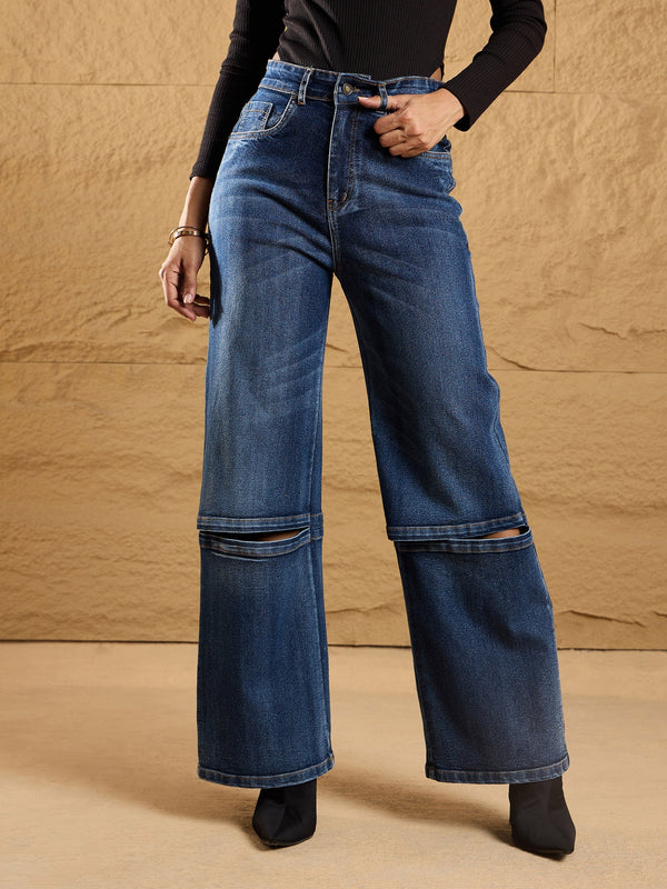 Women Blue Wash Knee Slit Straight Fit Jeans | WOMENSFASHIONFUN