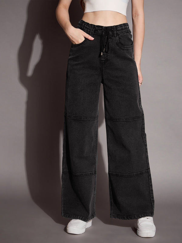 Women Black Wash Straight Fit Drawstring Jeans | WOMENSFASHIONFUN