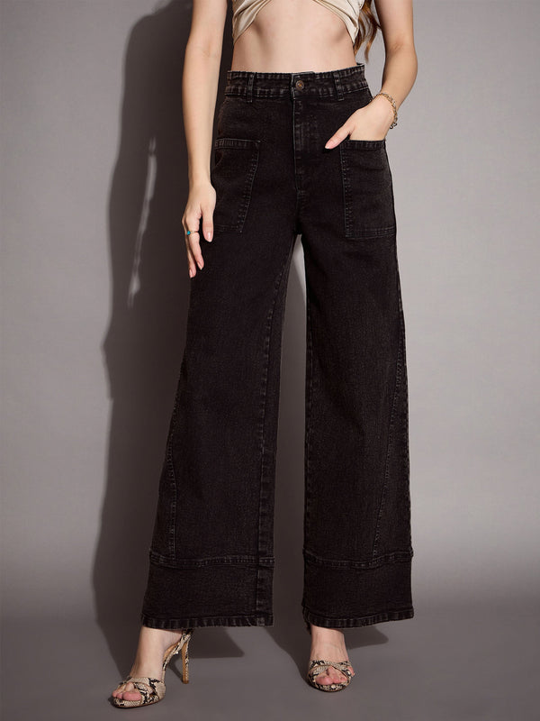 Women Black Wash Patch Pocket Wide Leg Jeans | WOMENSFASHIONFUN