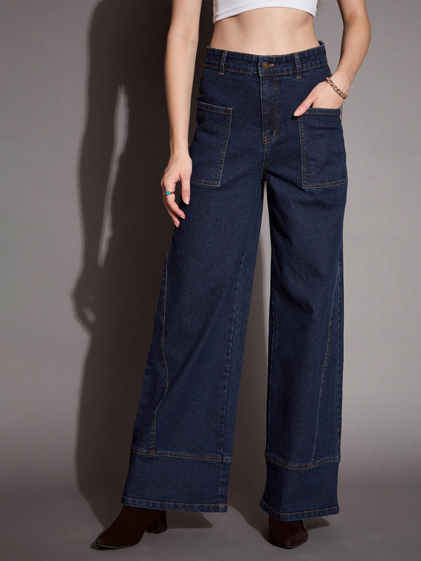 Women Blue Blast Patch Pocket Wide Leg Jeans | WOMENSFASHIONFUN