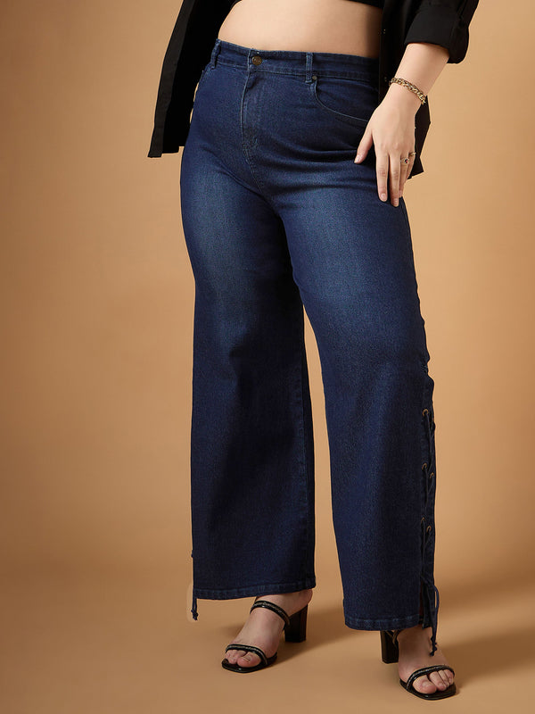 Women Blue Wash Side Knot Straight Fit Jeans | WOMENSFASHIONFUN