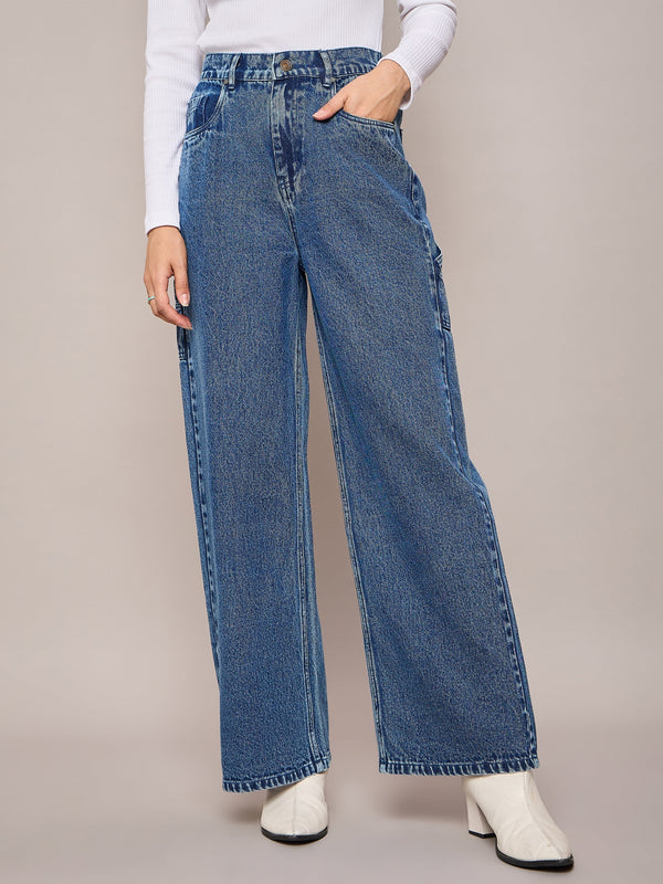 Women Blue Elasticated High Waist Back Pocket Jeans | WOMENSFASHIONFUN