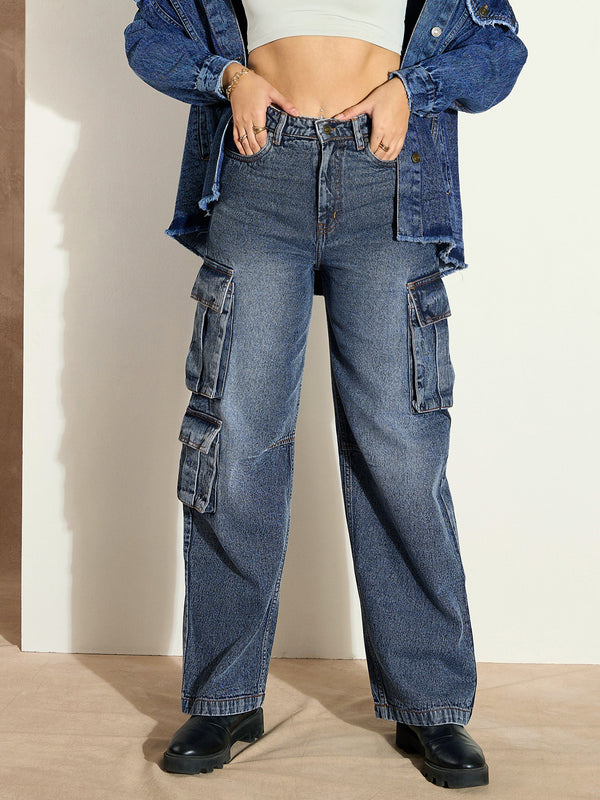 Women Blue Washed Denim Cargo Jeans | WOMENSFASHIONFUN