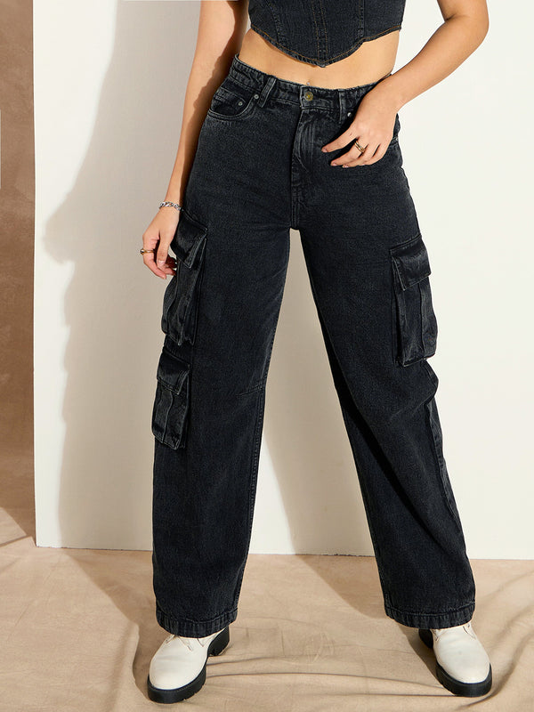 Women Black Washed Denim Cargo Jeans | WOMENSFASHIONFUN