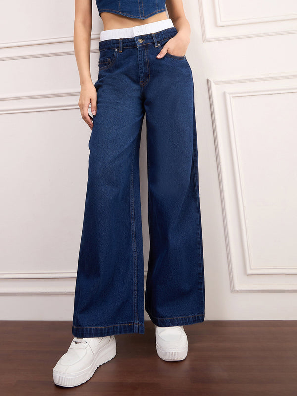 Women Navy Blue Double Waistband Jeans | WOMENSFASHIONFUN