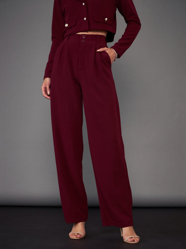 Women Burgundy Pleated Straight Pants | WomensFashionFun.com