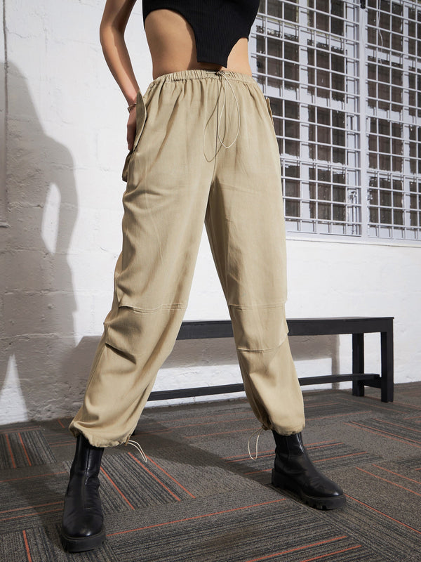 Women Beige Pleated Knee Twill Jogger Cargos | WomensFashionFun.com