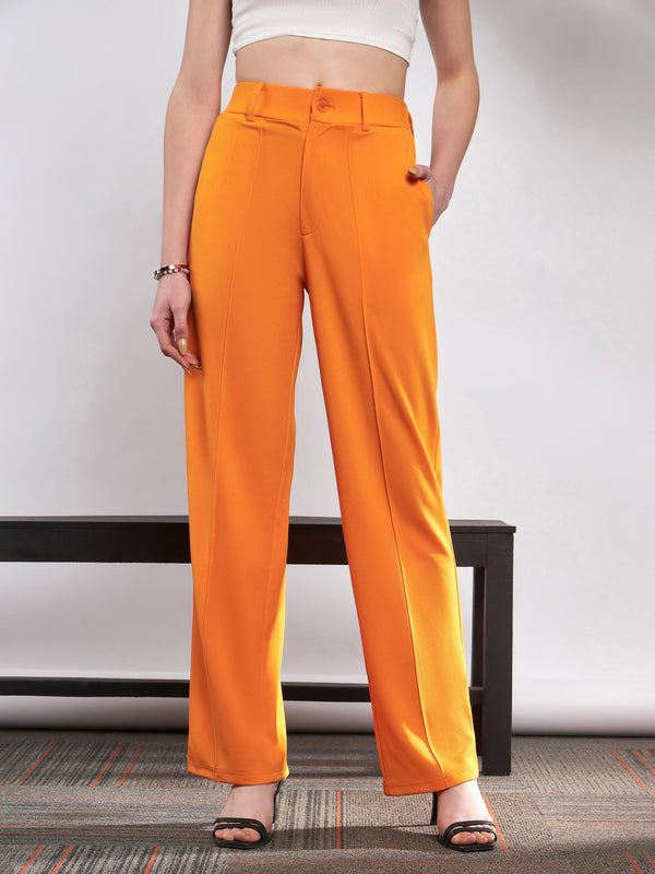 Women Orange Front Darted Knitted Straight Pants | WomensFashionFun.com