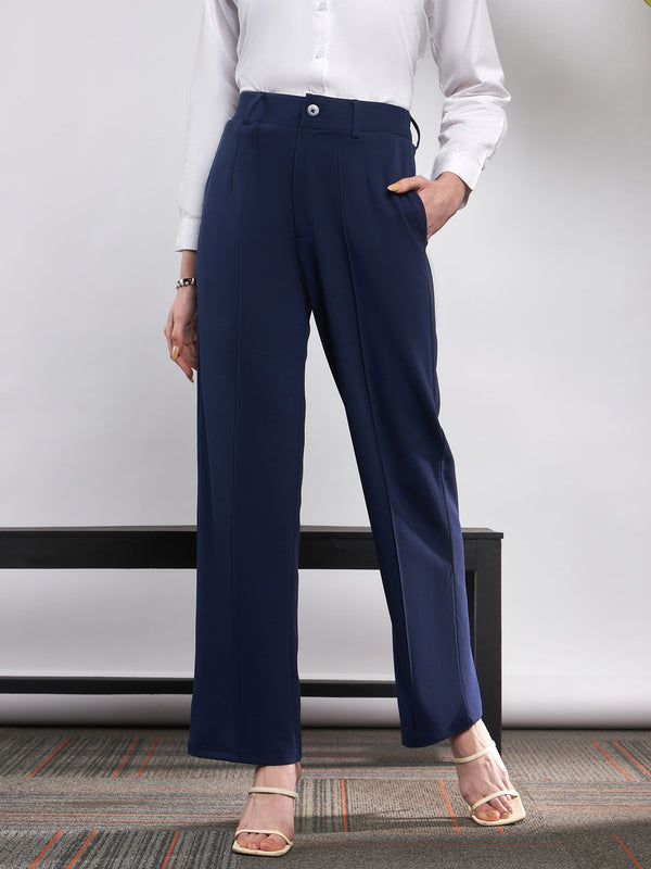 Women Navy Front Darted Knitted Straight Pants | WomensFashionFun.com