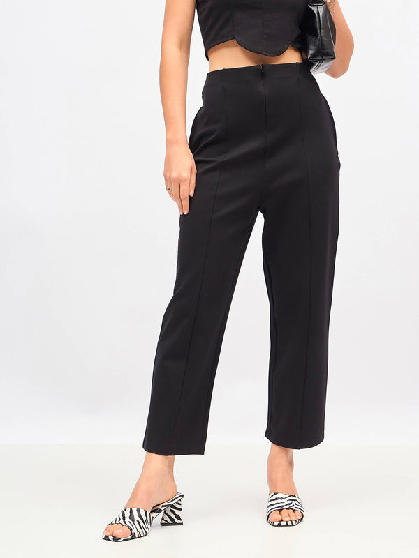 Women Black Front Darted High Waisted Pants | WomensFashionFun.com