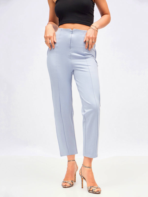 Women Dull Blue Front Darted High Waisted Pants | WomensFashionFun.com