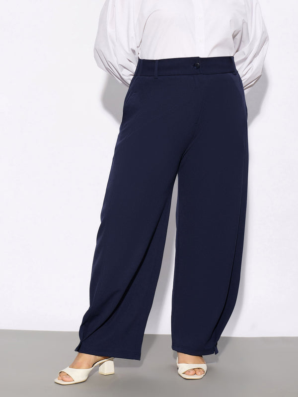 Women Navy Hem Button Detail Straight Pants | WomensFashionFun.com