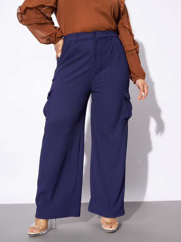 Women Navy Pleated Detail Straight Pants | WomensFashionFun.com