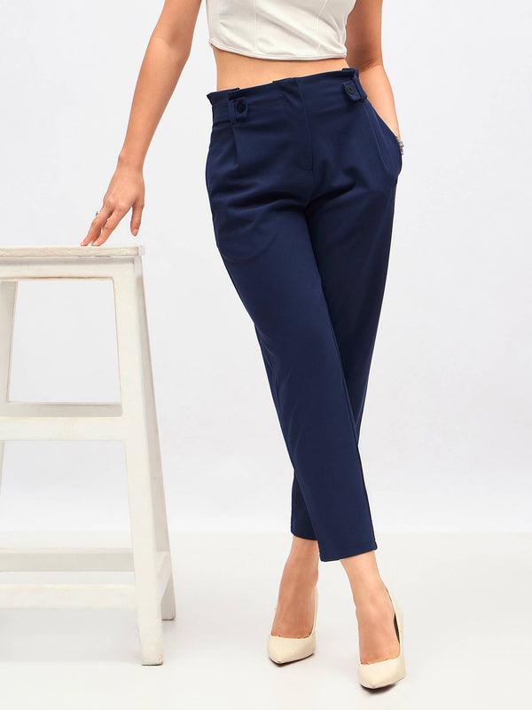 Women Navy Front Button Paperback Waist Pants | WomensFashionFun.com