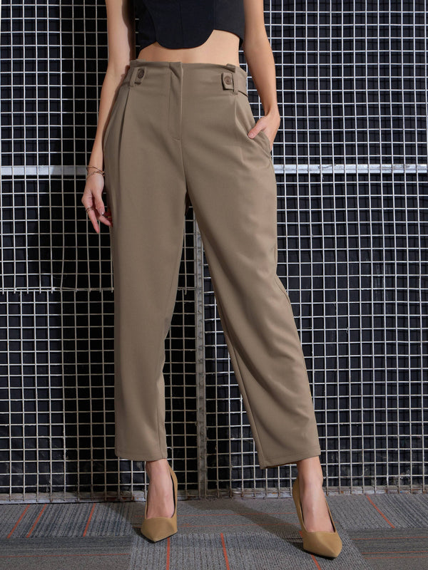 Women Beige Front Button Paperback Waist Pants | WomensFashionFun.com