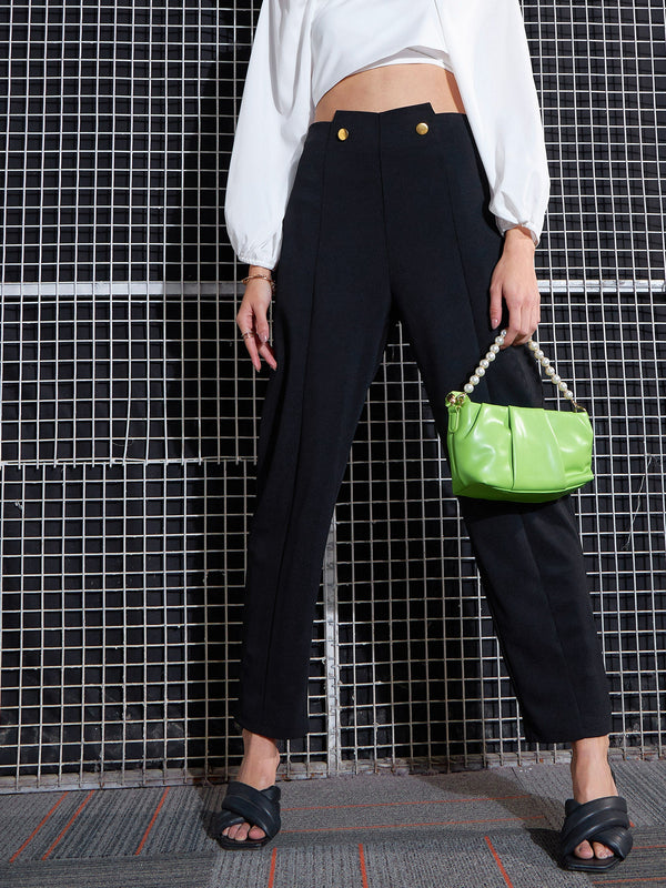 Women Black Waist Button Pants | WomensFashionFun.com