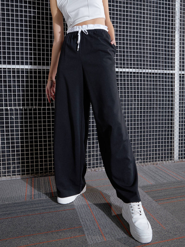 Women Black Contrast Paperback Waist Pants | WomensFashionFun.com