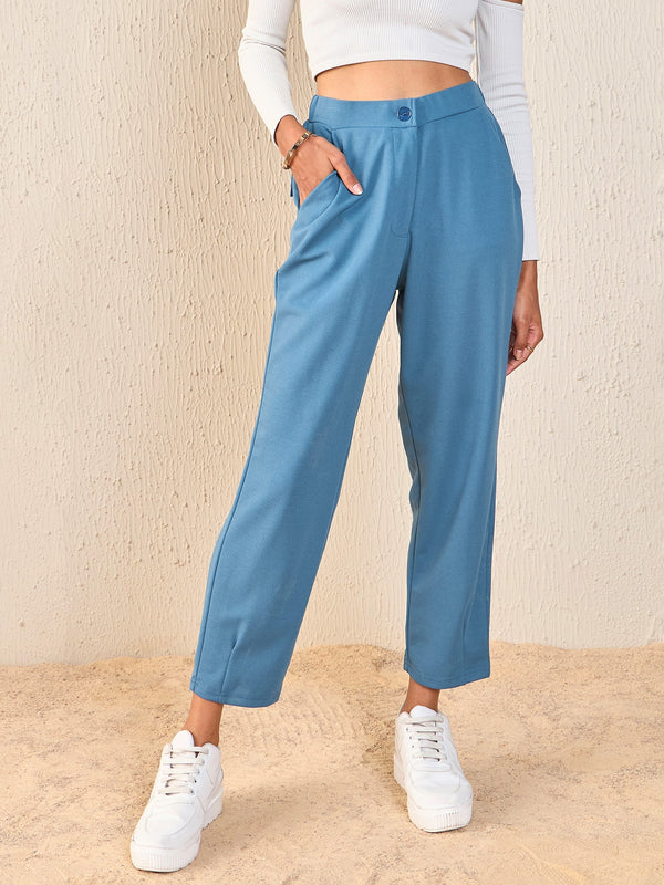 Women Airforce Blue Back Flap Pocket Tapered Pants | WomensFashionFun.com