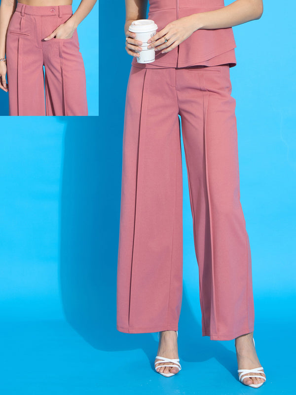 Women Women Peach Front Pleated Straight Fit Trousers | WomensFashionFun