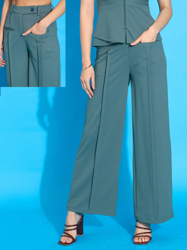 Women Women Green Front Pleated Straight Fit Trousers | WomensFashionFun
