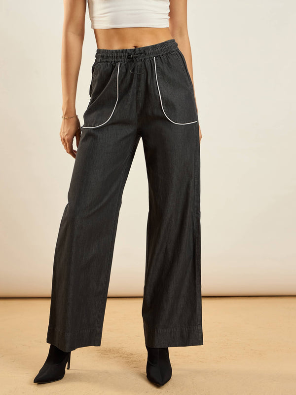 Women Women Black Tencel Contrast Piping Detail Pants | WomensFashionFun