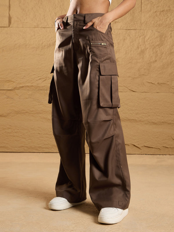 Women Brown Side Pockets Parachute Korean Cargo Pants | WOMENSFASHIONFUN