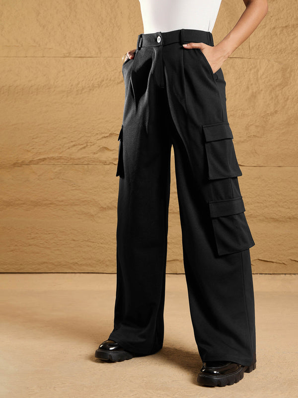 Women Black Comfort Fit Korean Cargo Pants | WOMENSFASHIONFUN