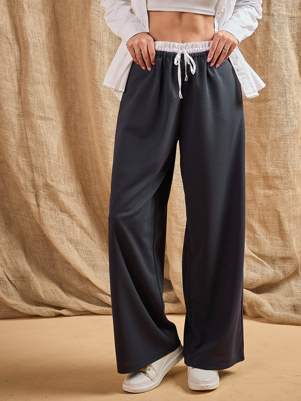 Women Grey Contrast Paperback Waist Korean Pants | WOMENSFASHIONFUN