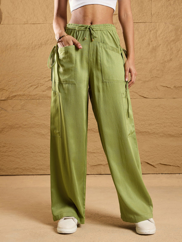 Women Olive Waist Drawstring Cargo Pants | WOMENSFASHIONFUN