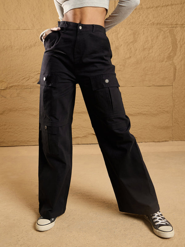 Women Black Front Pocket Straight Fit Pants | WOMENSFASHIONFUN