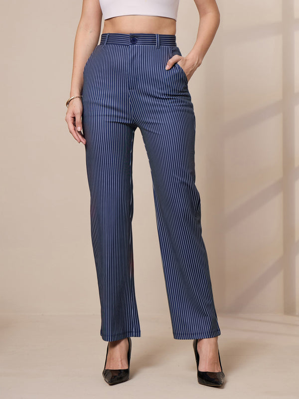 Women Navy Striped Straight Fit Trousers | WOMENSFASHIONFUN