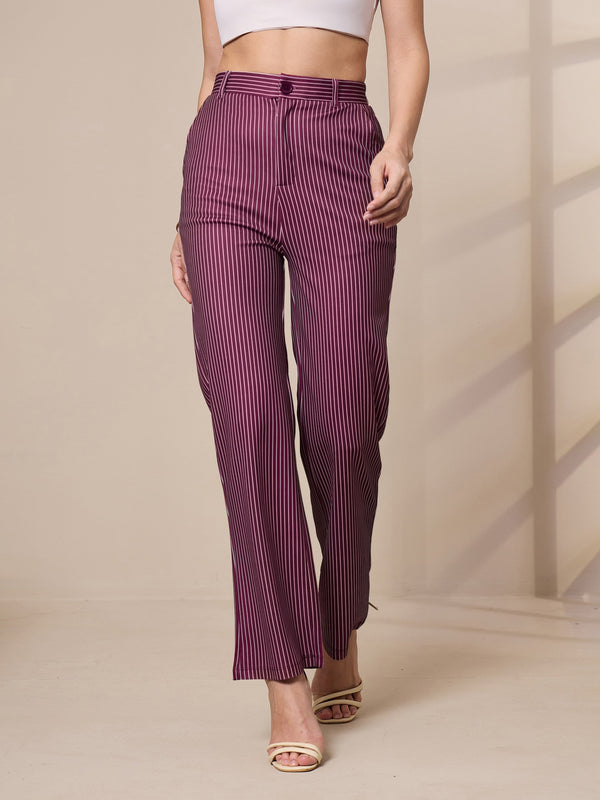 Women Maroon Striped Straight Fit Trousers | WOMENSFASHIONFUN