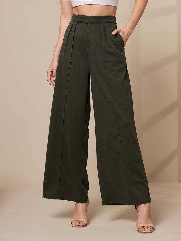 Women Olive Pleated Wide Leg Trousers | WOMENSFASHIONFUN