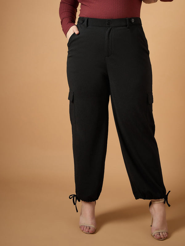 Women Black Solid Pull Hem Cargo Pants | WOMENSFASHIONFUN