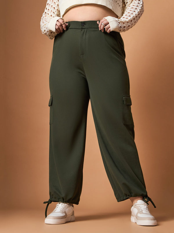 Women Olive Solid Pull Hem Cargo Pants | WOMENSFASHIONFUN