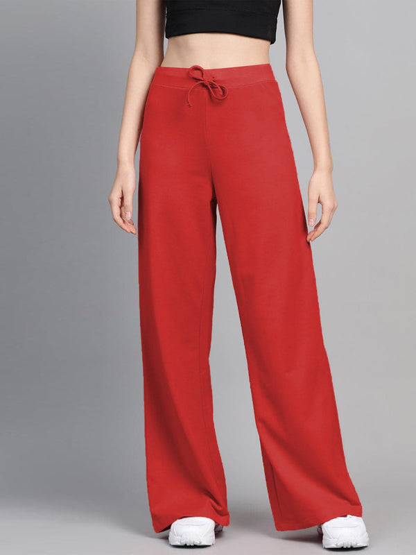 Women Red Terry Wide Leg Drawstring Pants | WOMENSFASHIONFUN