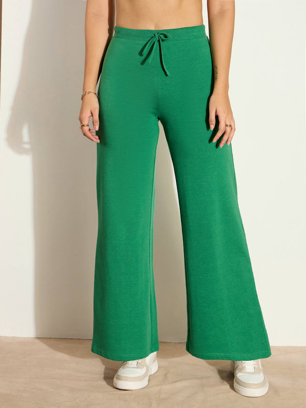 Women Green Terry Wide Leg Drawstring Pants | WOMENSFASHIONFUN