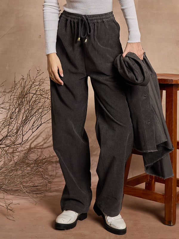 Women Dark Grey Corduroy Straight Pants | WOMENSFASHIONFUN